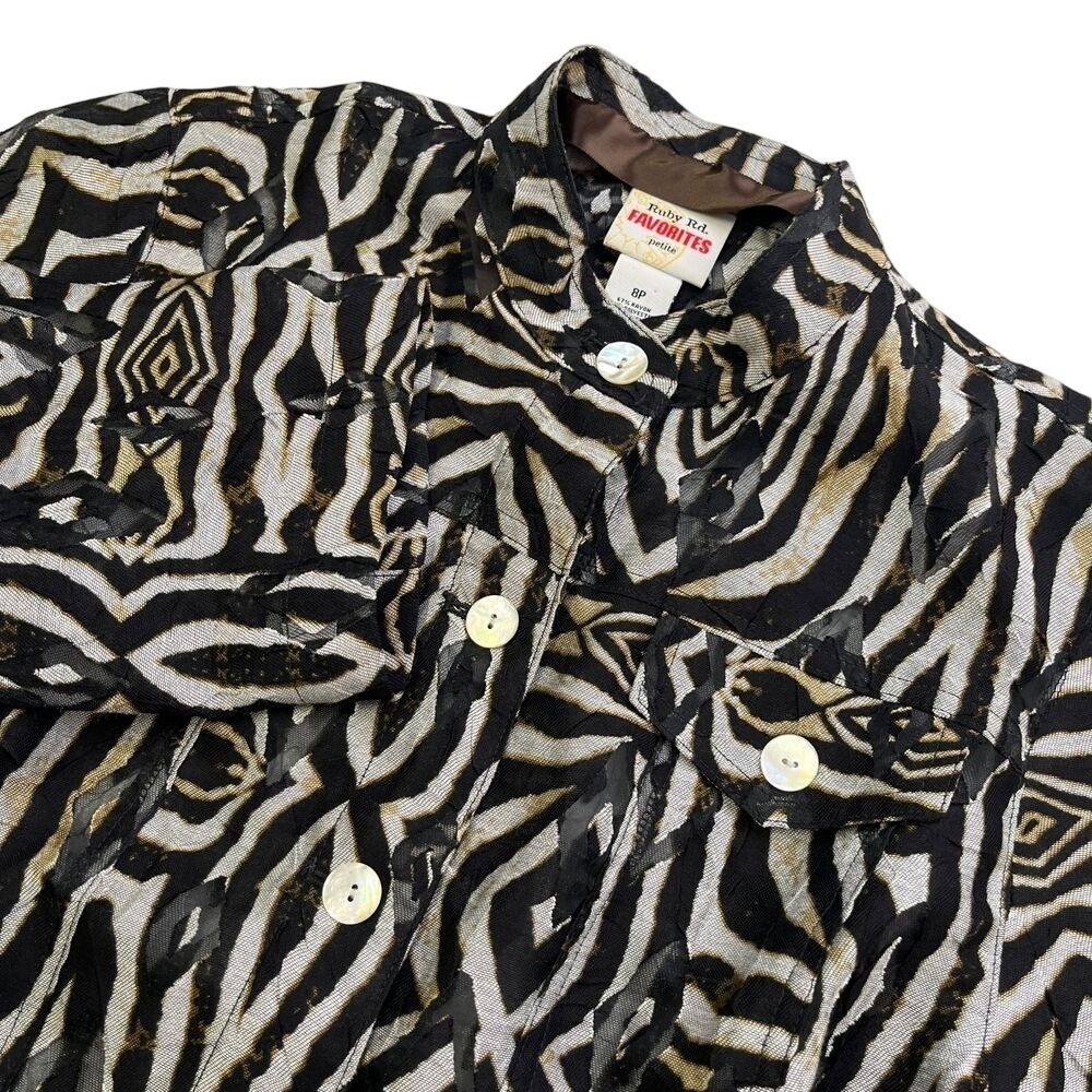 Ruby Rd. Favorites Zebra Button Down Sheer Quarter Sleeve Top, Animal Print L2